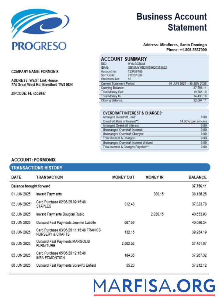 Realistic Progreso business account statement Word and PDF template